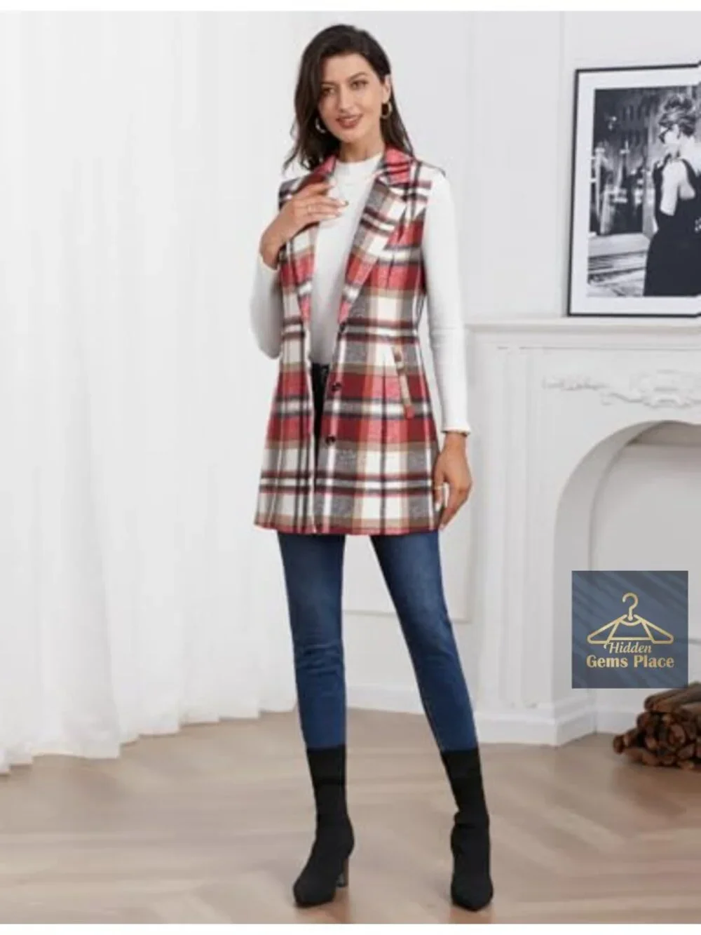 Wool Blend Plaid Sleeveless Vest Notch Lapel Casual Blazer Cardigan